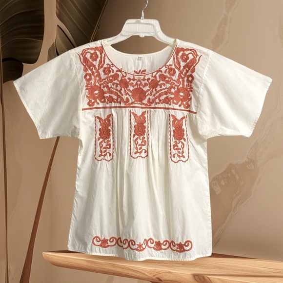 Cream & orange floral embroidered blouse - Sz M - Picture 2 of 6